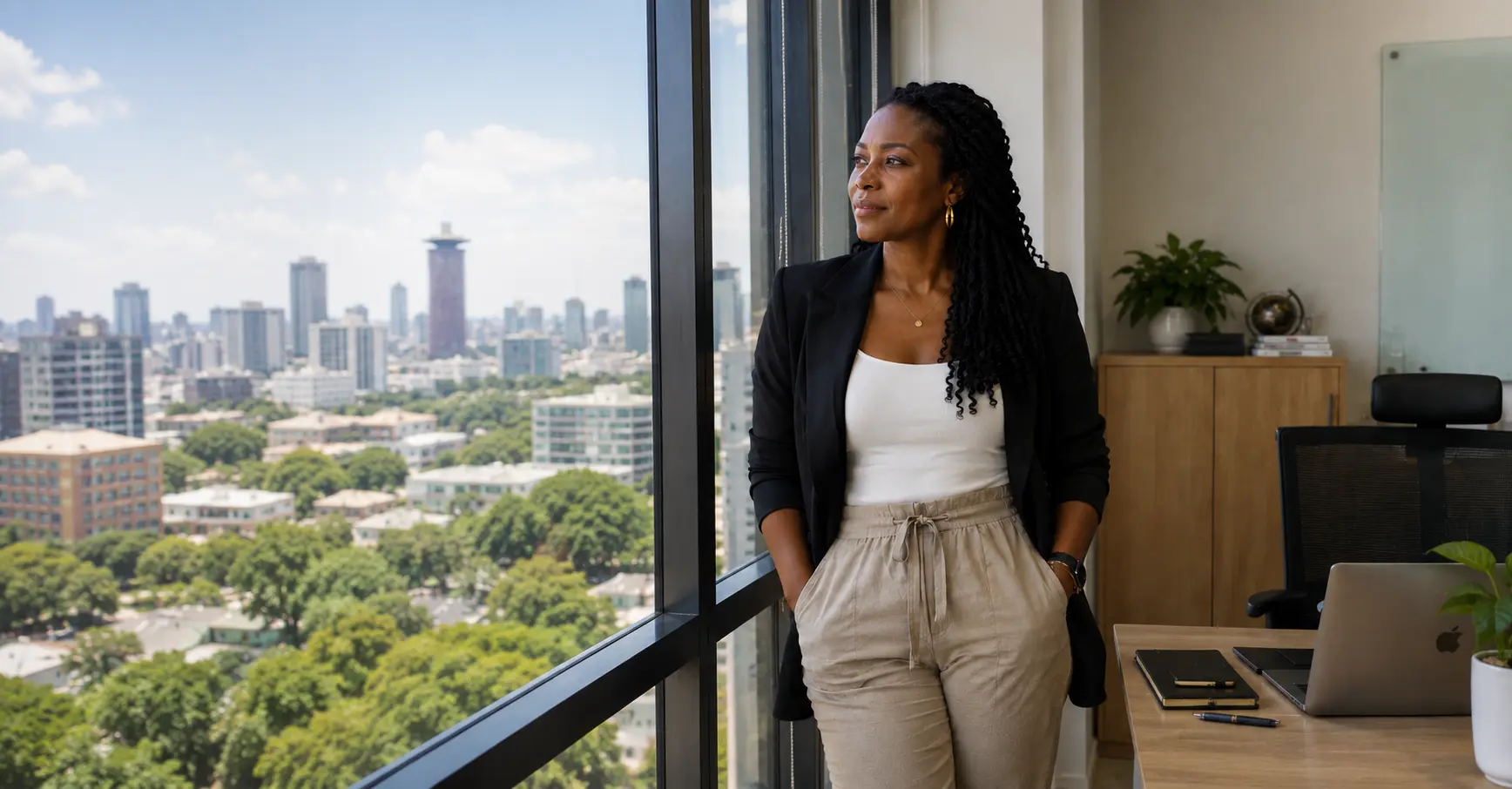An African woman founder looking out over the city from her office